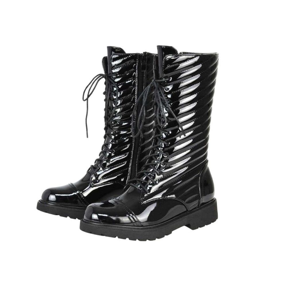 XY London Womens/Ladies Patent Lace Up Padded Flat Combat Boots / True Black